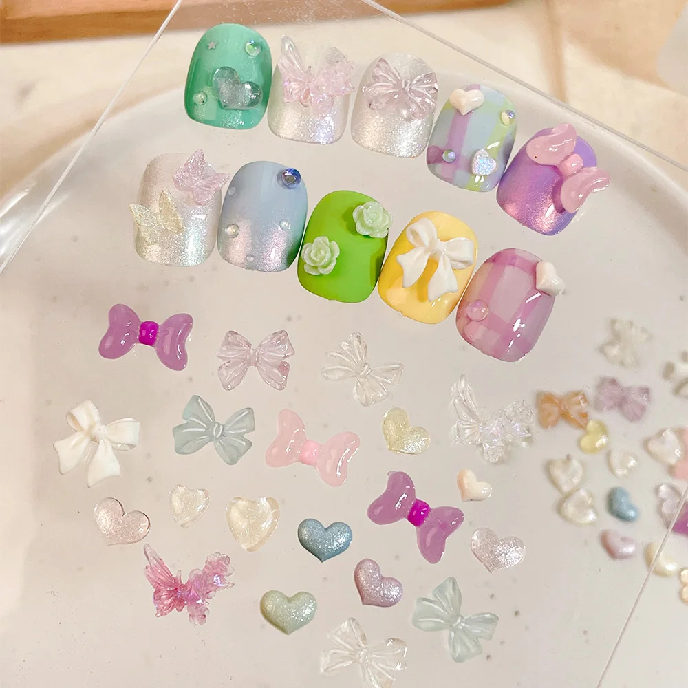 12 Grids Macaron Color 3D Resin Nail Art Accessories Butterfly Rose Nail Resin Decor Plastic Bows Hearts Nail Ornaments Mixed