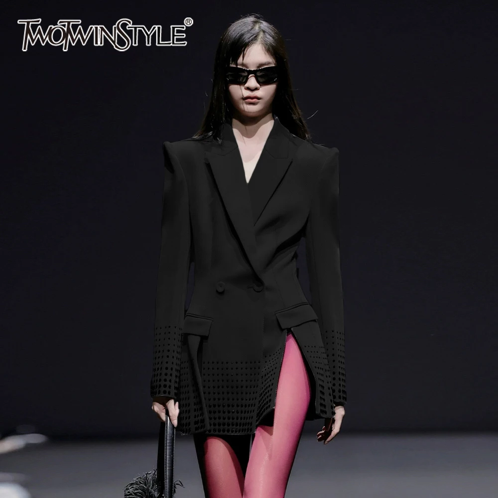 TWOTWINSTYLE Solid Spliced Diamonds Slimming Blazer For Women Notched Collar Long Sleeve Patchwork Button Split Coat Female New