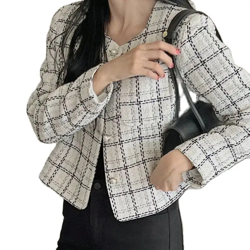 

Korean Fashion Lady Jacket Spring Fall Design Short Cut Long Sleeves Square Neck Woolen Woven Plaid Women Coats