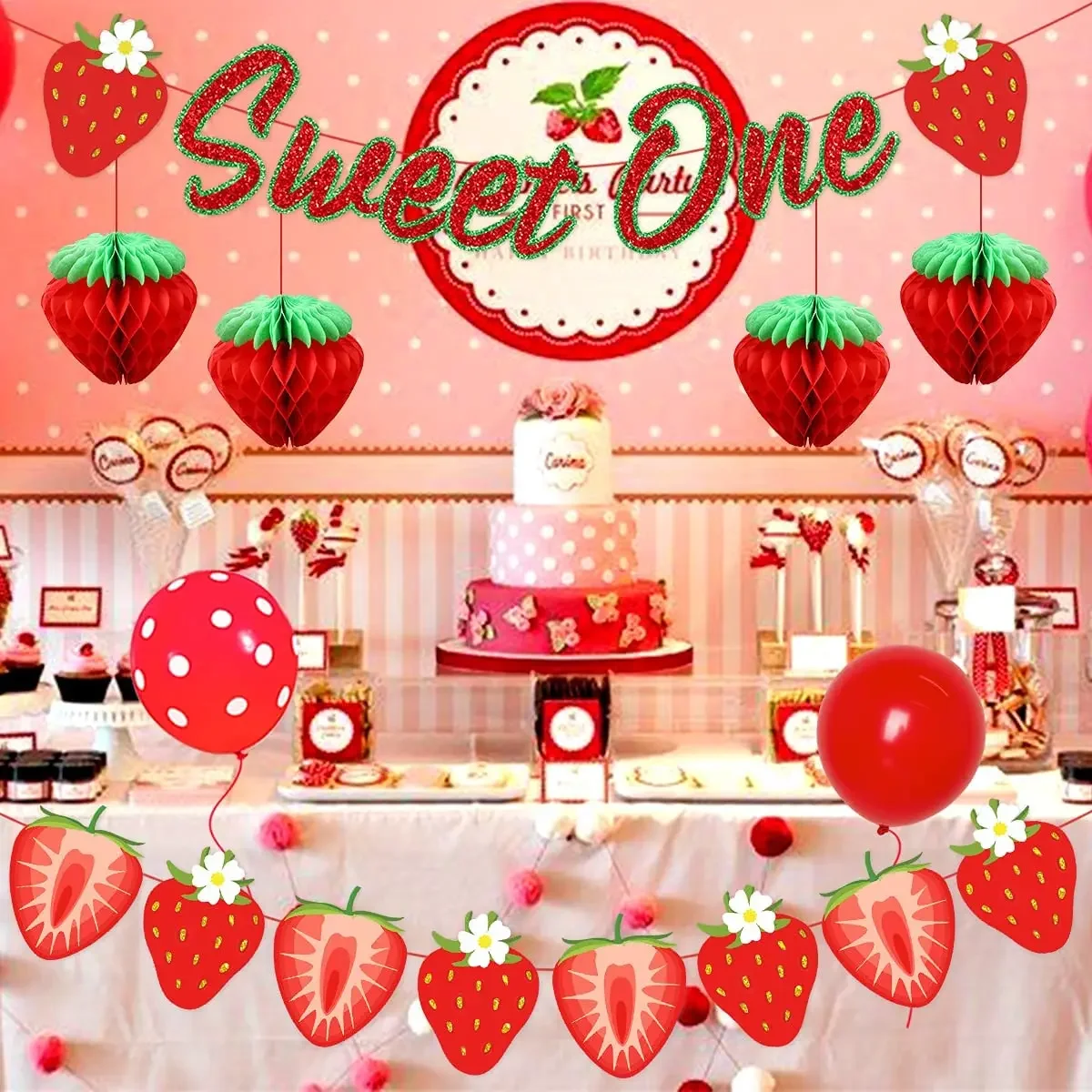 

Kreatwow Strawberry Birthday Party Red Balloon Set Sweet One Banner Cake Topper Paper Honeycomb Ball for Girls 1st Birthday