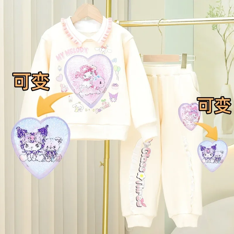 2 pz/set Sanrio Anime Kuromi Melody Kid Girl peluche felpa cappotto + Sweatpant bambino carino caldo abbigliamento sportivo tuta abbigliamento Casual