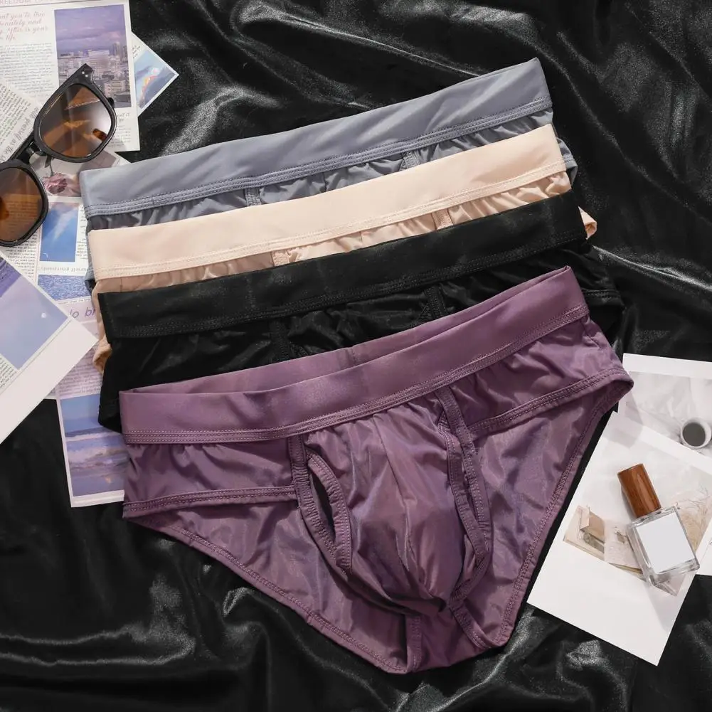 

Мужские трусы-брифы со средней посадкой, с боковым вырезом, облегающие, однотонные, из ледяного шелка, тонкие, прозрачные, дышащие, гладкие, нижнее белье