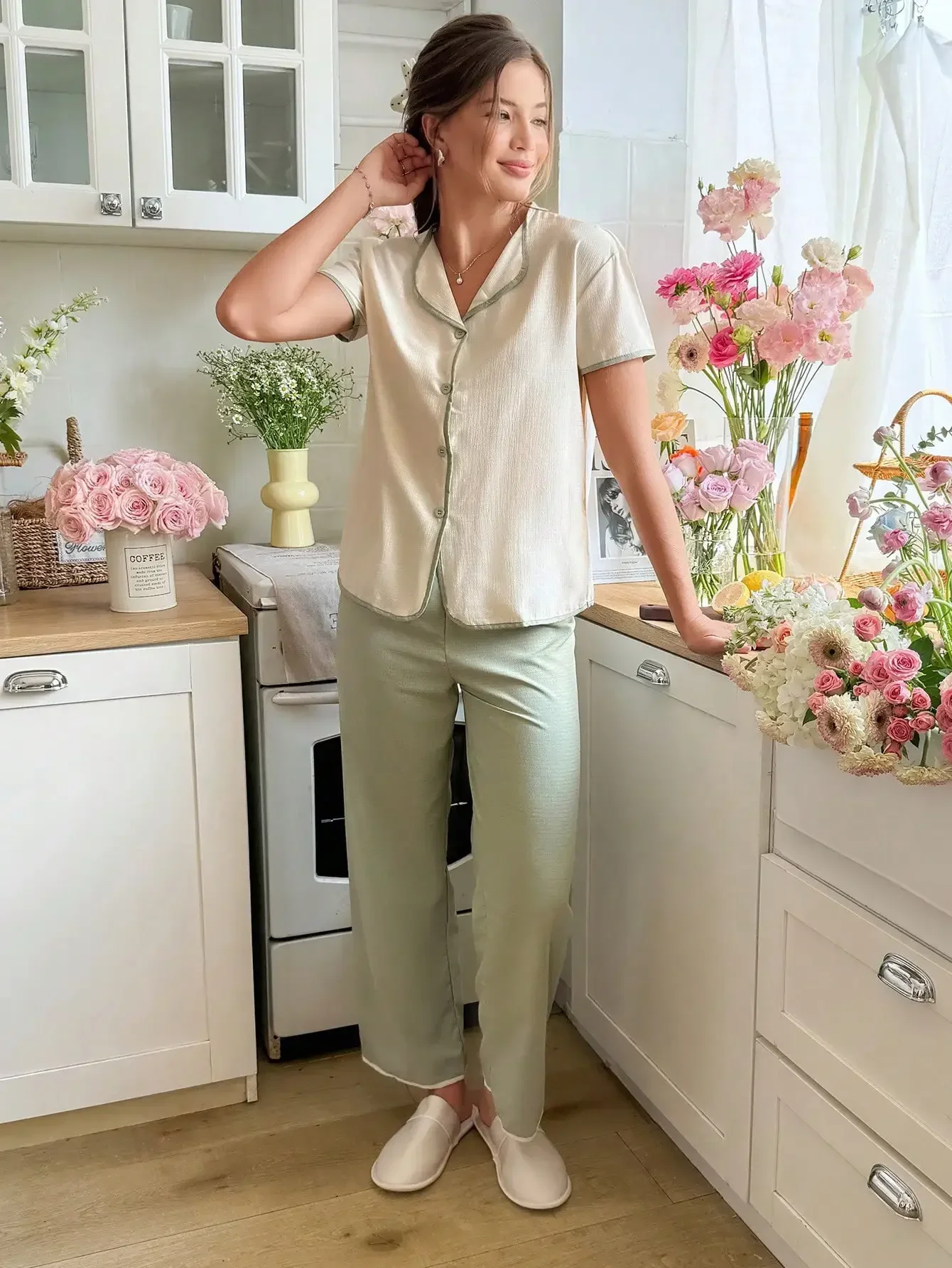 

Snug Reverie Women Ribbed Trim Single-Breasted Short Sleeve Top And Pants Pajama Set Lounge Set
