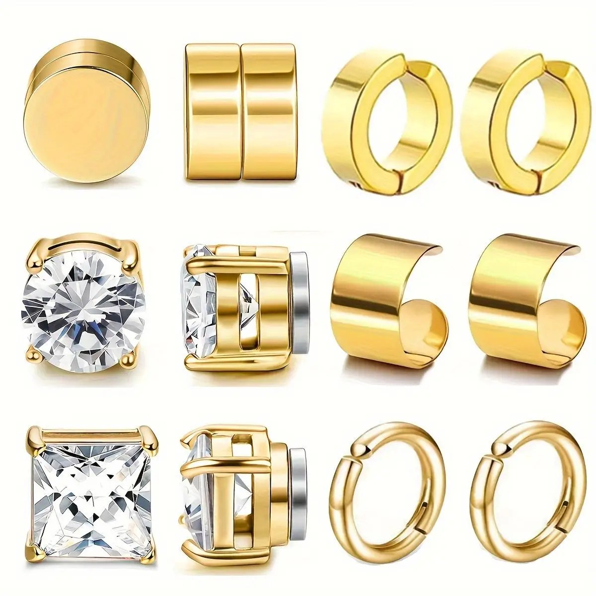 2/12pcs Unisex Fashion Stainless Steel Magnetic Cubic Zirconia Ear Clips Non-piercing Adjustable Clip-on Earrings for Men Women