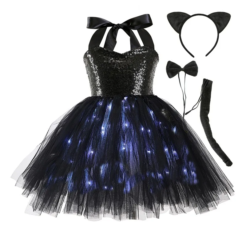 Sleeveless Girls LED Light Up Tulle Tutu Dress,  Black Cat Cartoon Printed Tulle Princess Dress, Outfit for Kids Birthday Party