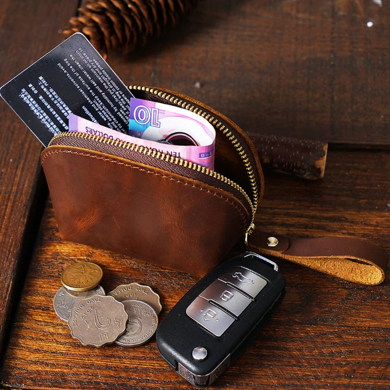 Vintage genuine leather cute small coin purse mini storage bag with leather cover layer, casual hand-held small wallet factory