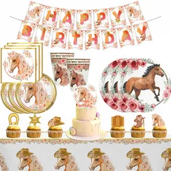 Floral Horse Party Supplies Plates Cups Napkins Balloon Tableware Set Cowgirl Western Horse Birthday Party Decorations for Girls