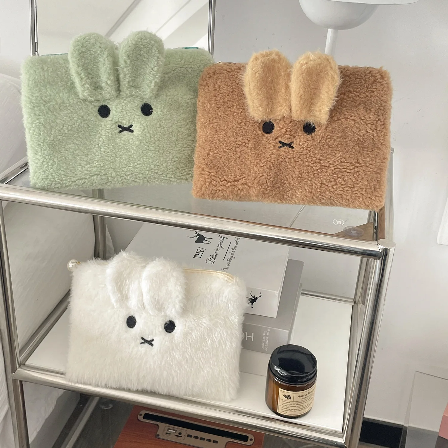 Ladies Holding Cute Furry Rabbit Makeup Bag Travel Item Storage Bag