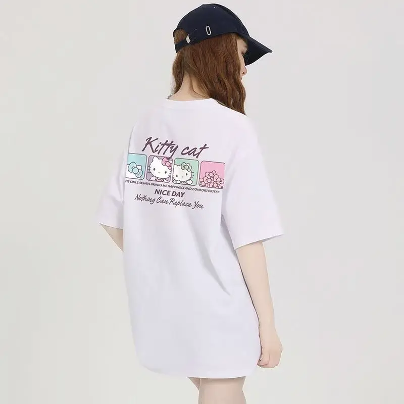 

2026 Sanrio Hello Kitty Grid Print T-Shirt Women Y2K Kawaii Casual Loose Oversized Short Sleeve White Cute Graphic Tee Top