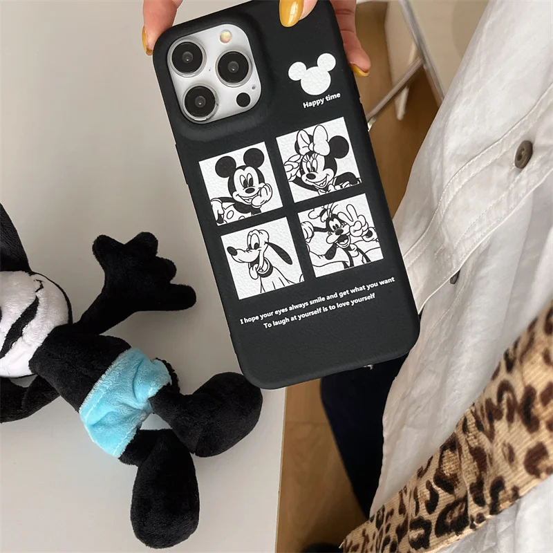 ديزني لطيف أربعة قصر شبكة ميكي ميني جوفي جراب هاتف آيفون 13 14 15 برو ماكس ميكي ماوس جلد ناعم غطاء مضاد للسقوط