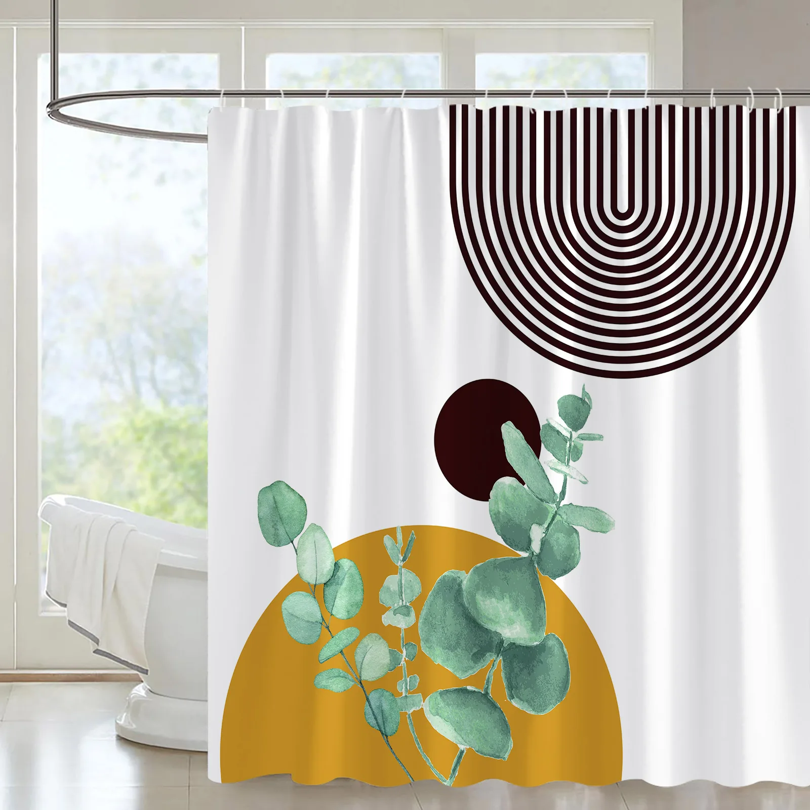 

Creative Geometric Shower Curtain Medieval Lines Green Leaves Round Color Graphic Leaf Design Bathroom Decor Fabric Bath Curtain