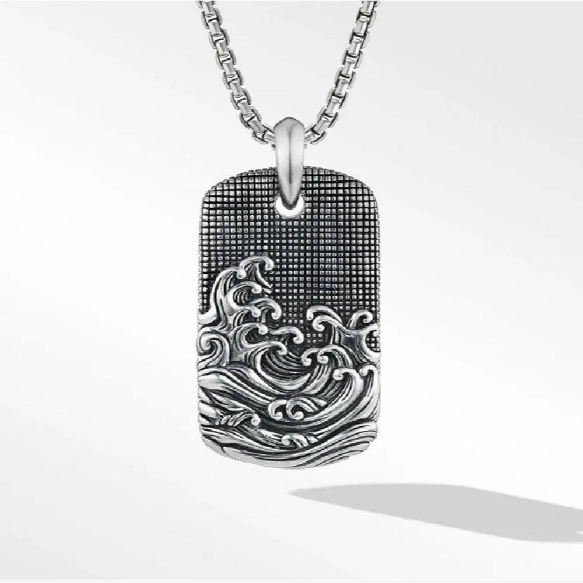 Retro Trend silver 925 Fashion Wave Shaped Square Pendant High End Men's Necklace Dragon Bone Chain Banquet Jewelry Gift