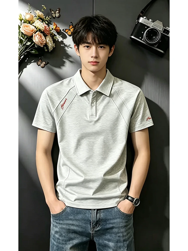 Camisa Masculina Cinza Claro Estilo Americano Verão Algodão Pesado Rígido e Estruturado Manga Curta com Tratamento de Amônia Líquida Tendência