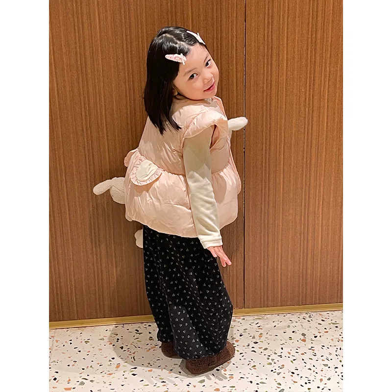 Girls Suit 2024 Autumn New Childrens Wear Korean Style Girl Baby Rabbit Cotton Vest One Fleece Floral Pants Two-piece Set image 2