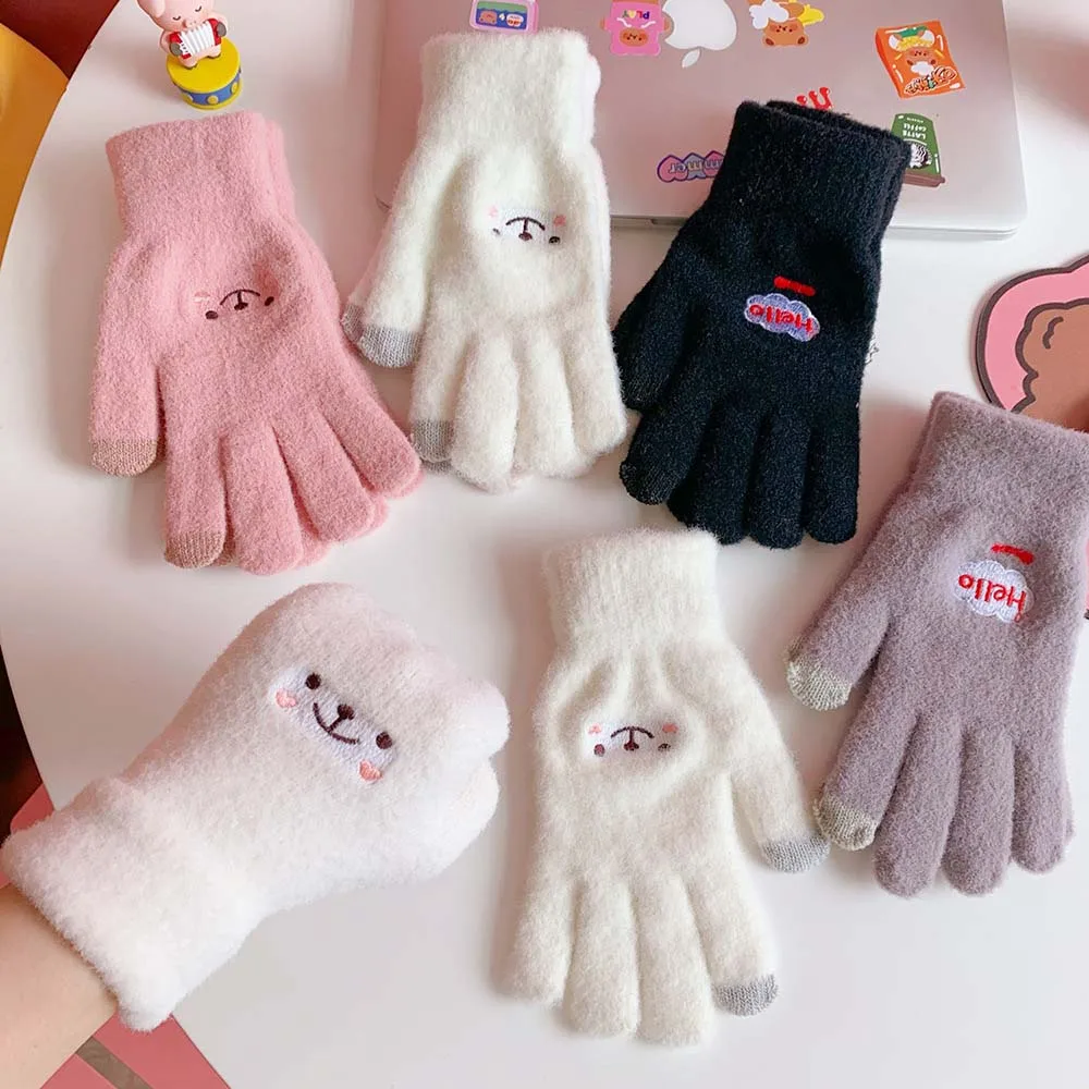 Kawaii Gloves Female Cute Cartoon Embroidered Smiley Bear Touch Screen Autumn Winter Warm Women Wool Knit Gloves Soft Cotton