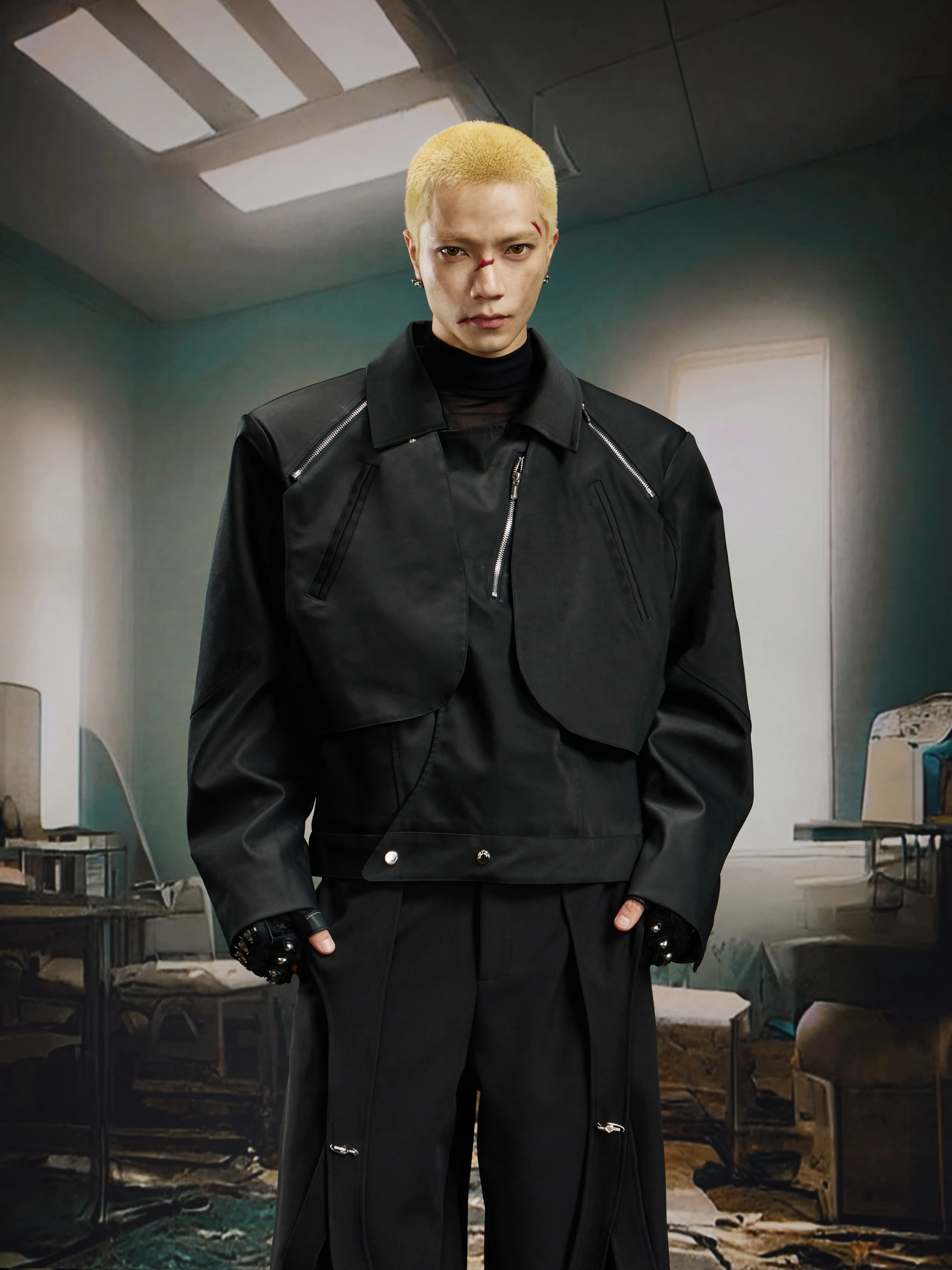 Niche Design Deconstruction Stitching Detachable Flying Short Padded Shoulder Leather Jacket Puffer
