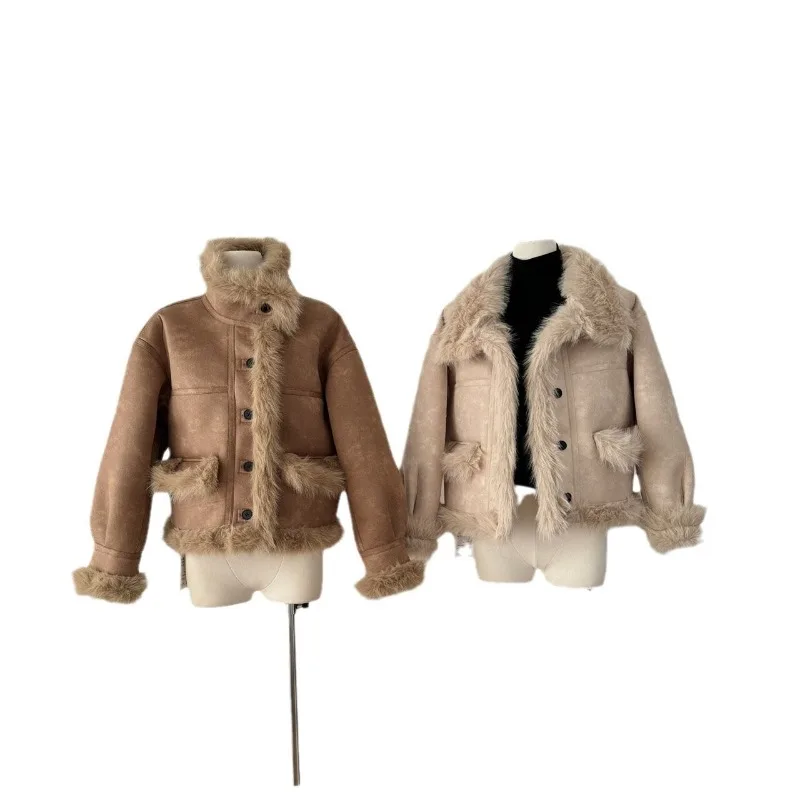 Moda coreana autunno nuove donne top cappotto retrò pelliccia splicing colletto alla coreana manica lunga monopetto giacca in pelle di camoscio