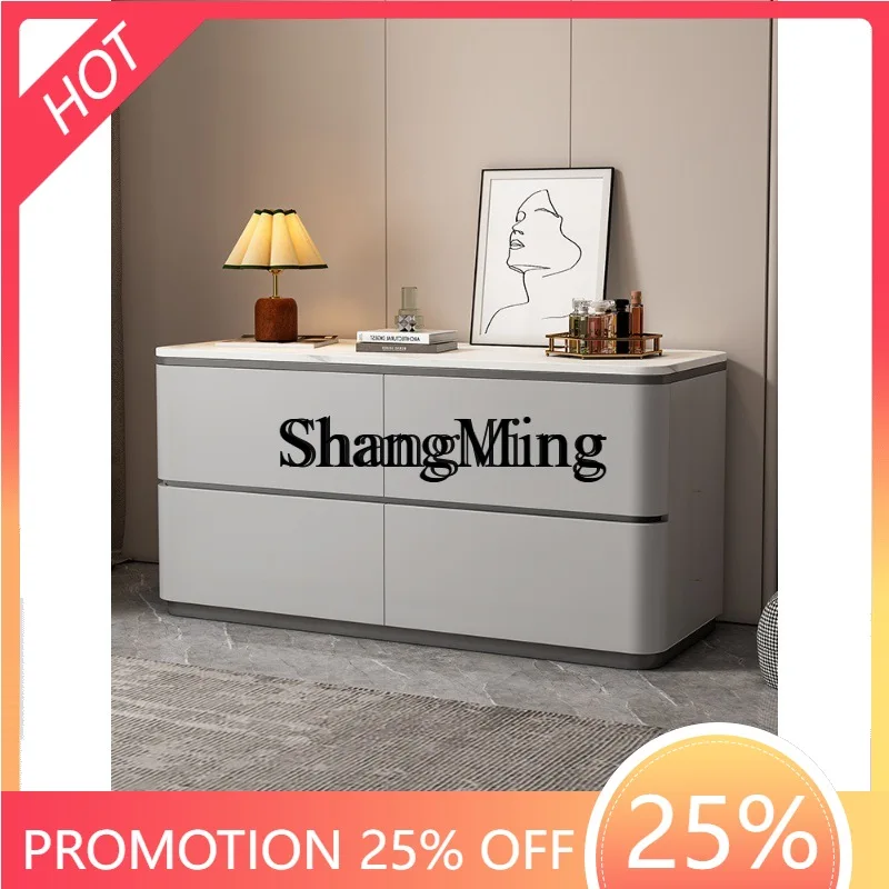 

SM new painted all solid wood large apartment bedside table light luxury cream style minimalist rock board bedside table