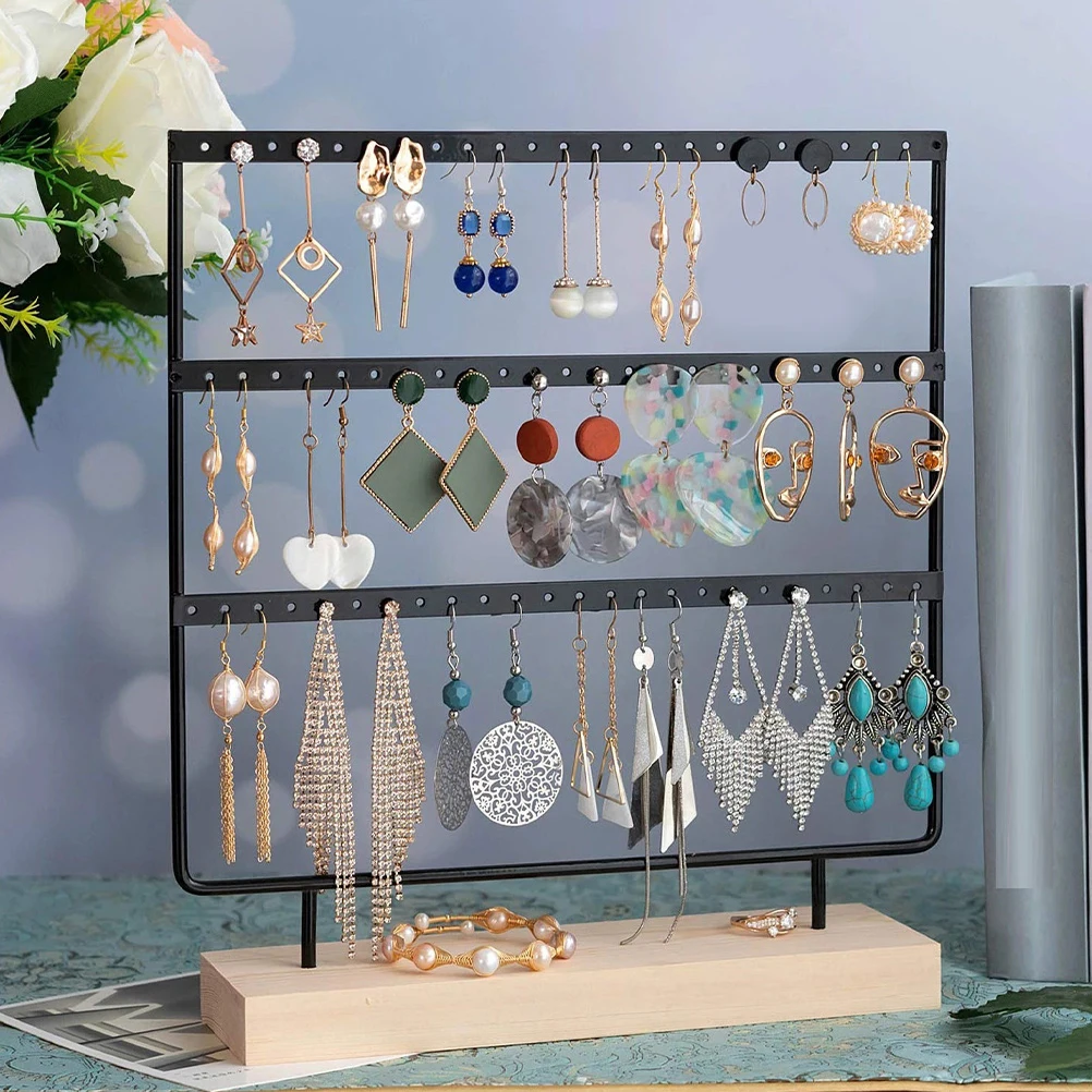 

3pcs Jewelry Rack 72Holes Earring Stand ganizer Display Storage Holder for Necklaces Bracelets Wood Base Stand