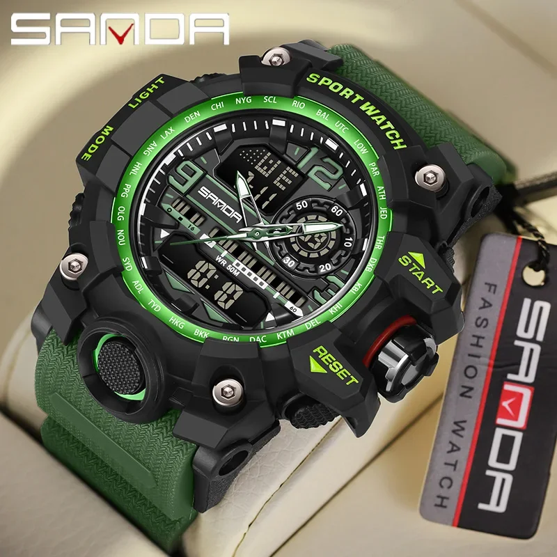 Reloj SANDA de lujo para hombre, reloj de cuarzo militar deportivo resistente al agua hasta 50M para hombre, reloj de pulsera electrónico Digital LED estilo G
