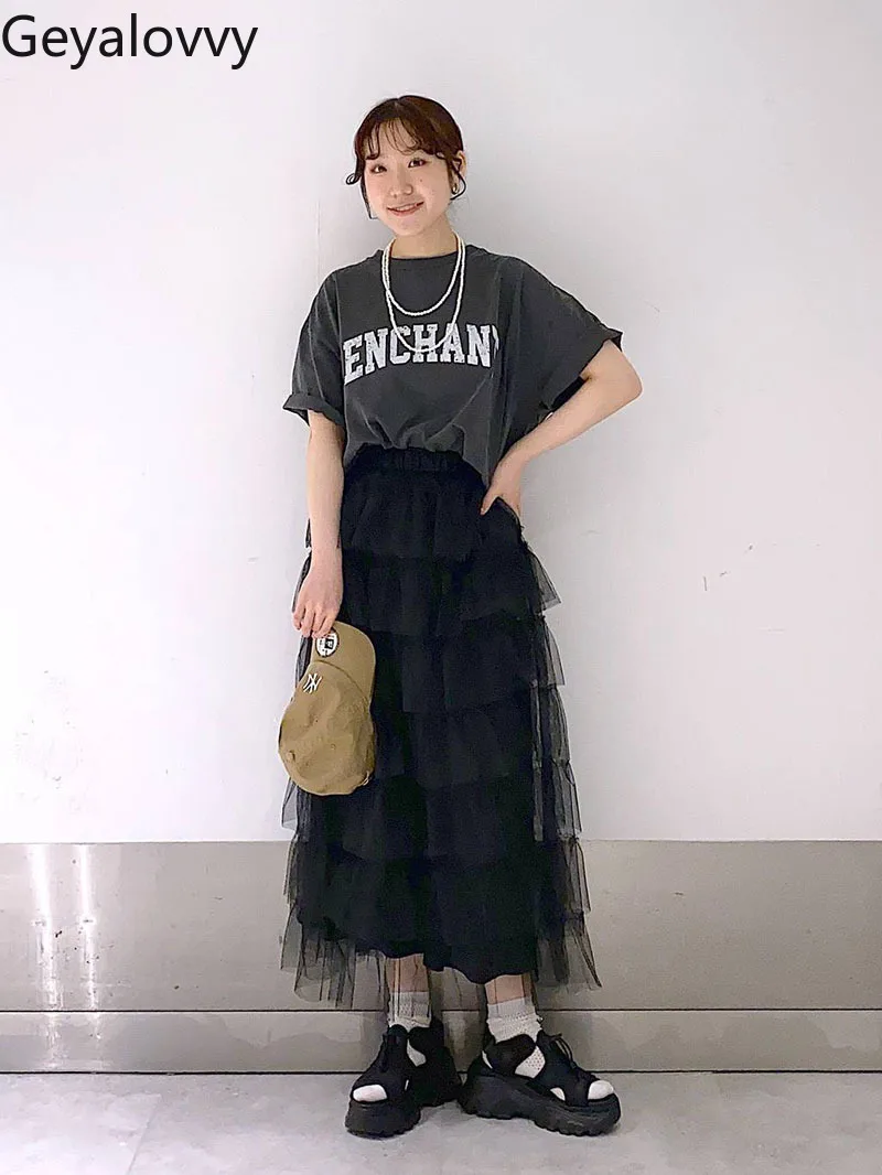New Spring Summer Black Puffy Tulle Cake Maxi Skirt Sweet Girls' Versatile Elastic High-waisted Mesh Long Skirts with Lined