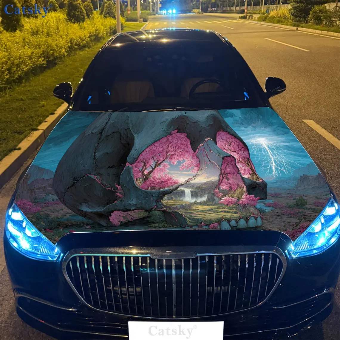 

Skull - Pink Trees and Stream Design Car Engine Hood Sticker, Auto Vinyl Wraps, Waterproof Self-adhesive Vehicle Decal, Durable