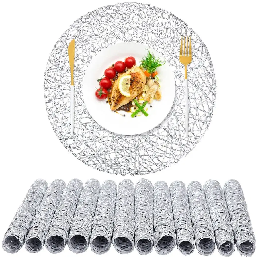 

24 упаковки серебряных круглых салфеток, 15-дюймовые полые прессованные виниловые коврики для столовых приборов, термостойкие тканые серебряные салфетки на Рождество