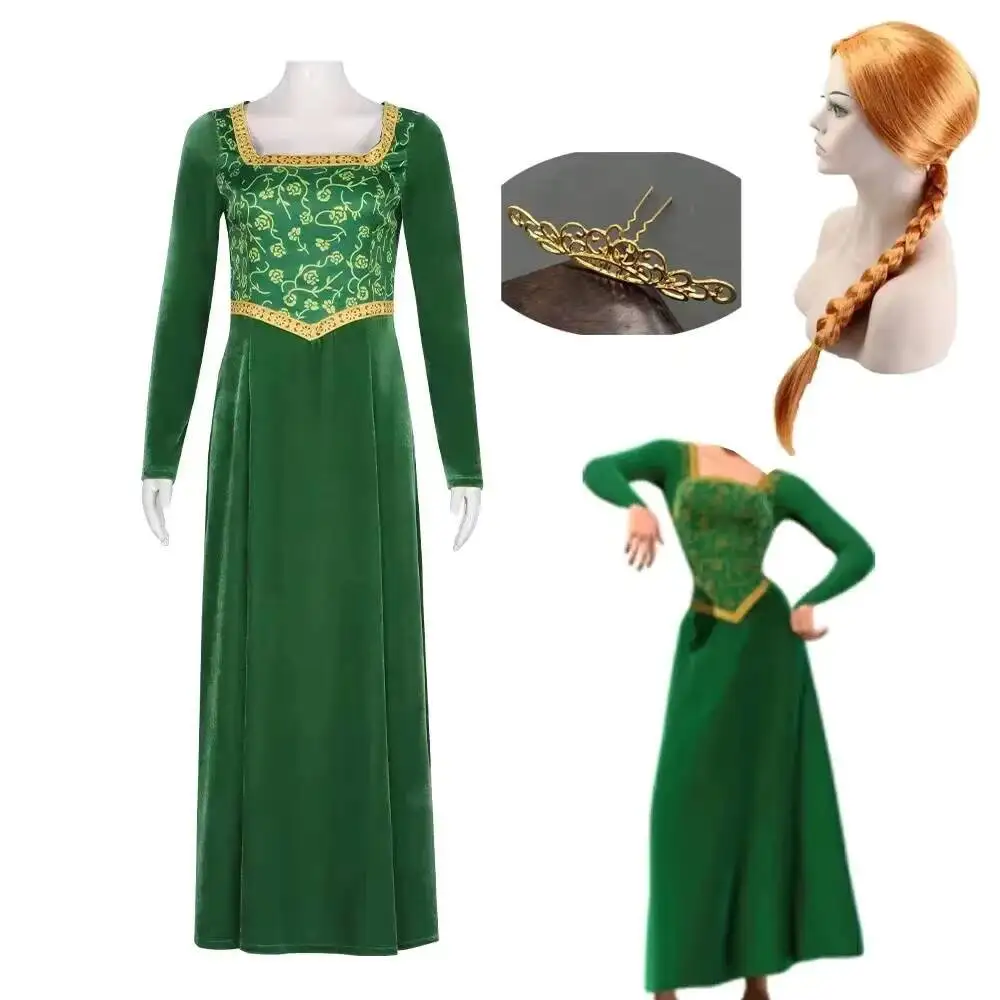 

Костюм для косплея принцессы: зеленое платье Фионы из аниме Шрек, парик и головной убор для женщин, длинное платье на Хэллоуин