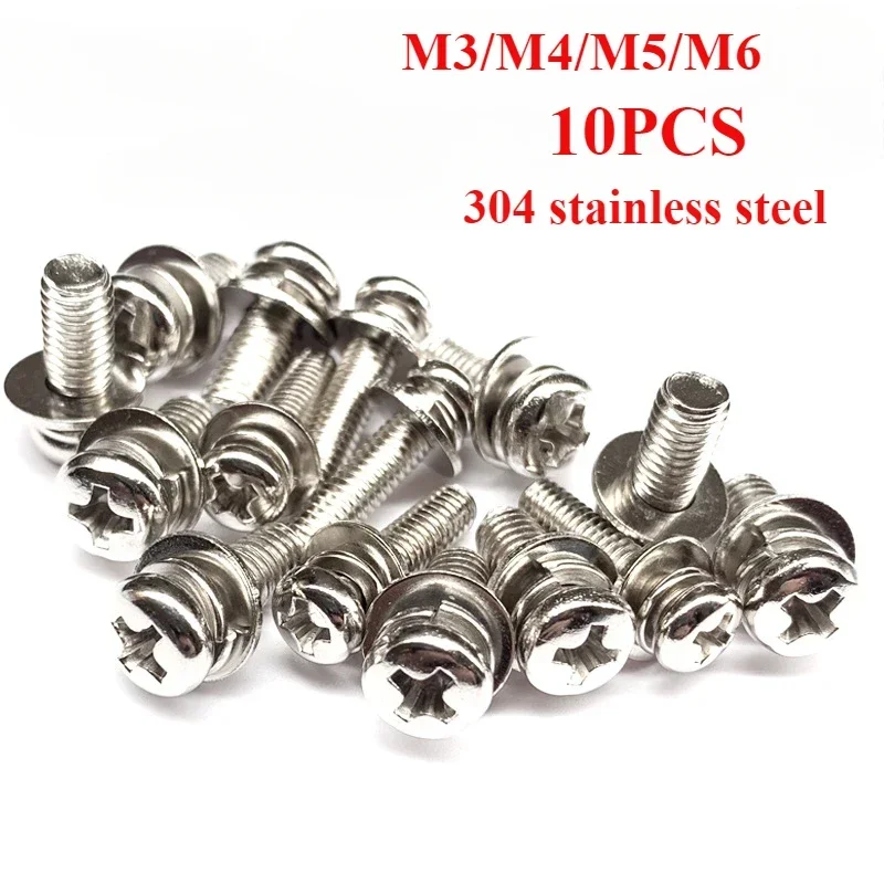 

304 stainless steel Cross Recessed Pan Head Screw with Washer M2 M3 M4 M5 M6 Three Combination Machine Sems Nickel Plated Carbo