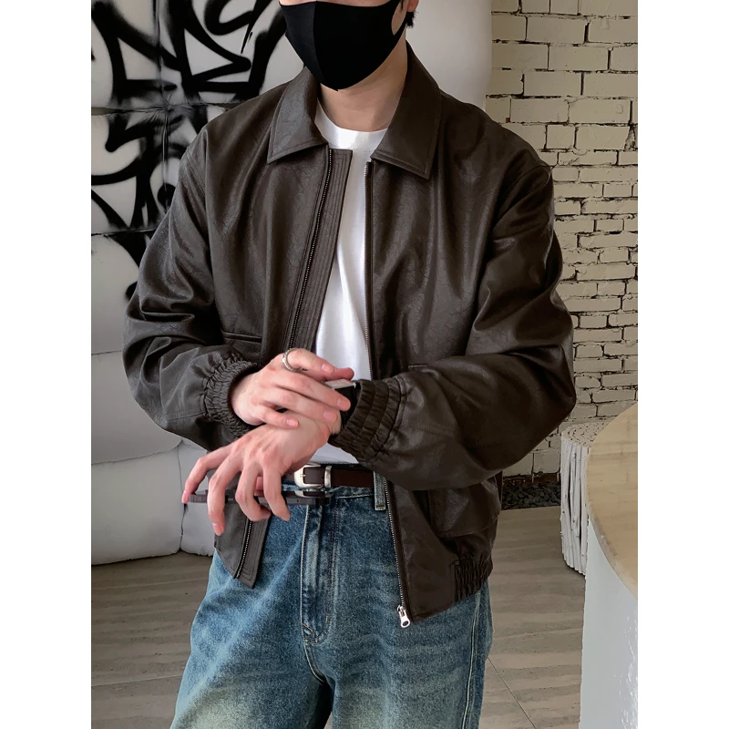 

Vintage Windproof and Warm Jacket for Fall on The Street, Solid Color with Pocket Design, Waterproof PU Leather Coat for Men.