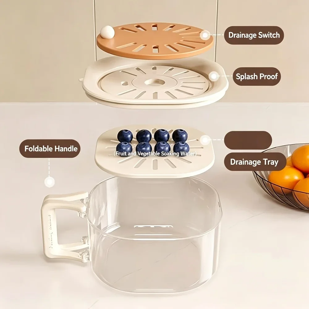 2-in-1 Double Layer Drain Basket Fruit Drainer Container with Foldable Handle Food Strainer Thickened Fruit Plate Easy to Clean