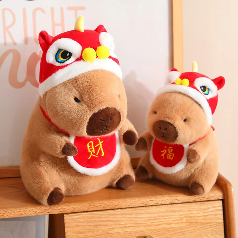 New Year Cosplay Capybara Plush Toys Stuffed Appease Capybara Wearing Santa's Hat Lion Dance Cap Birthday Gifts Xmas Party Decor