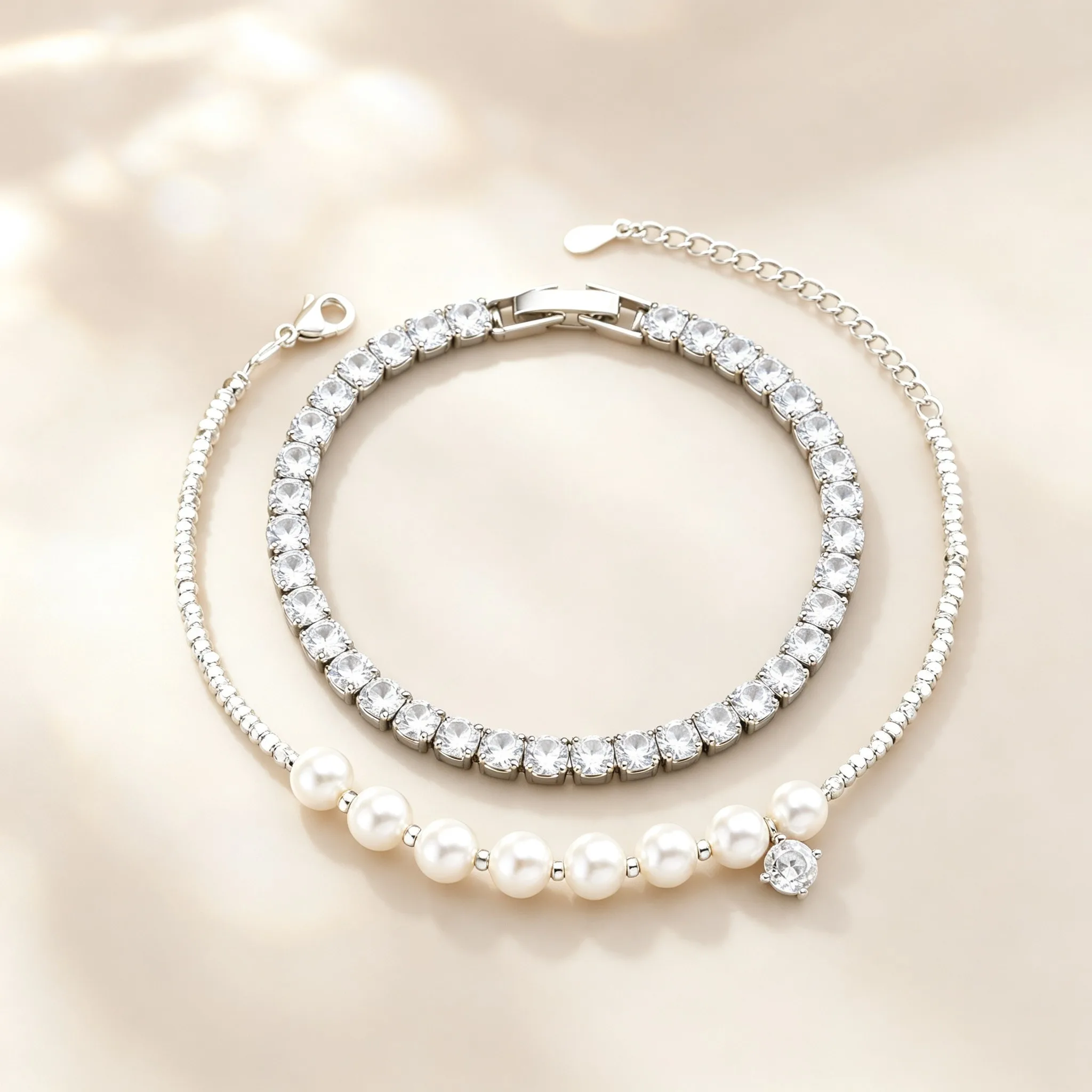 Imitation Pearl Bracelet for Women,Silver Color Zircon Stackable Beaded Bracelets,Luxury Classic Bride Accessory Gift