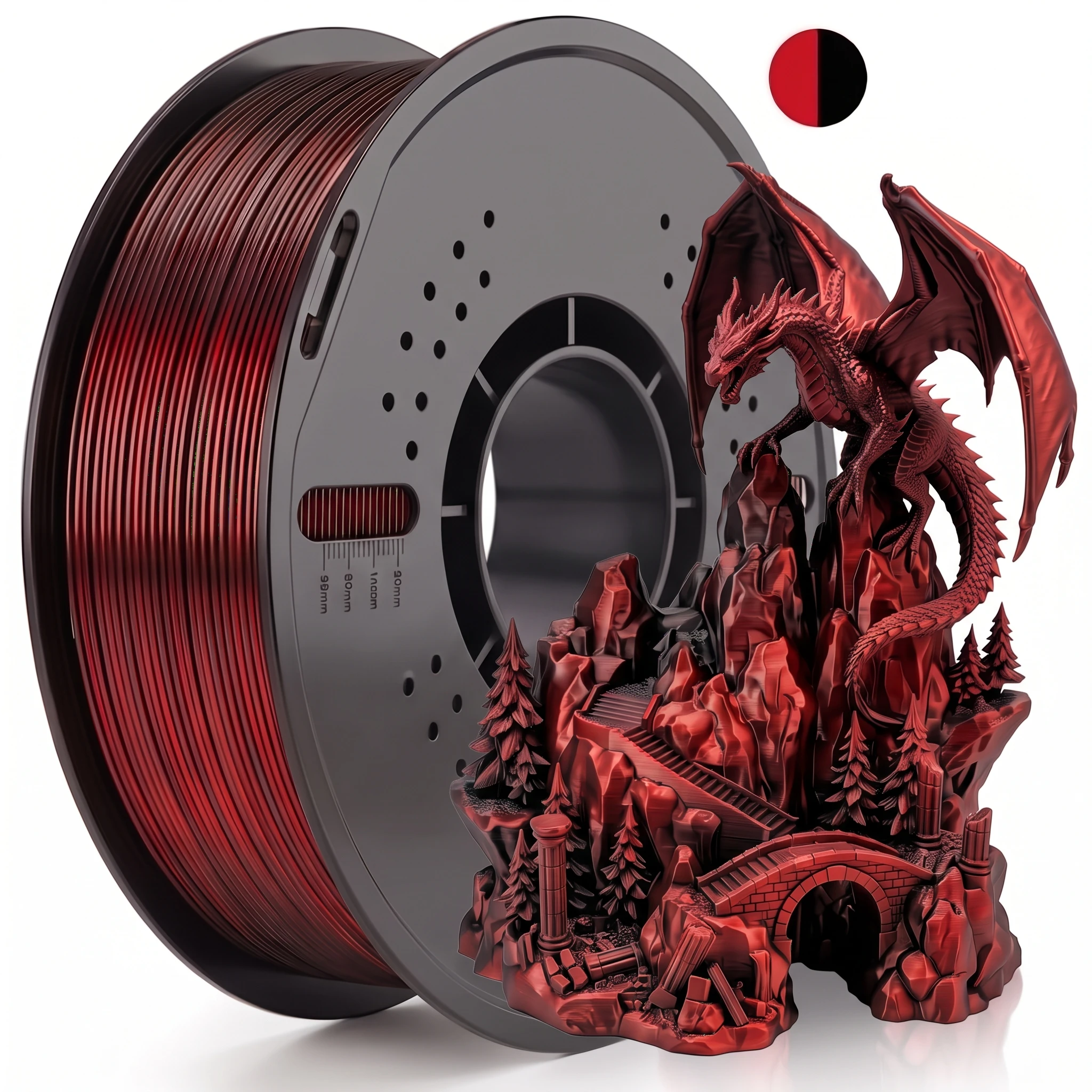 3D Printer Filament 1kg PLA Silk Black Red Filament 1.75mm Dimension Accuracy +/- 0.02mm, 3D Printing Filament Two Tone
