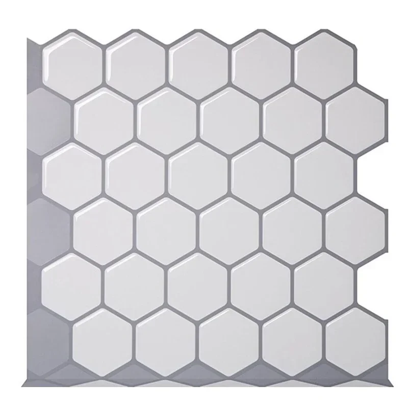 Hexagon Off White Vinyl Sticker Self Adhesive Wallpaper 3D Peel and Stick Square Wall Tiles for Kitchen and Bathroom Backsplash