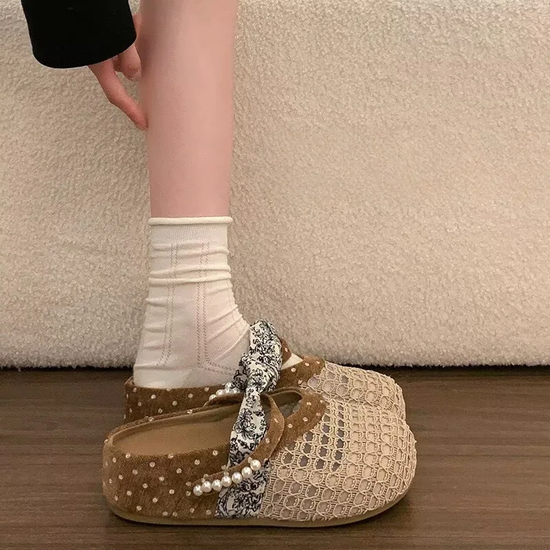 Breathable Mesh Half Slippers for Women,French Polka Dot Pearl Slip-On Slides,Wide Feet Friendly Soft Sole Closed Toe Slippers