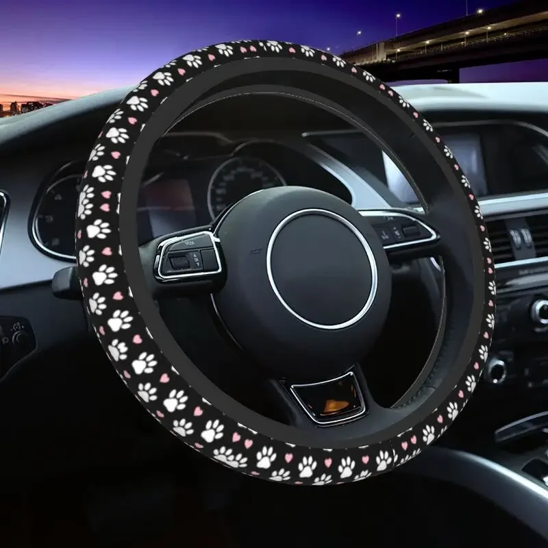 Lovely Pattern Of Paws White Dog Paw Steering Wheel Cover Pretty Pink Hearts Steering Wheel Protector Universal Car Accessories