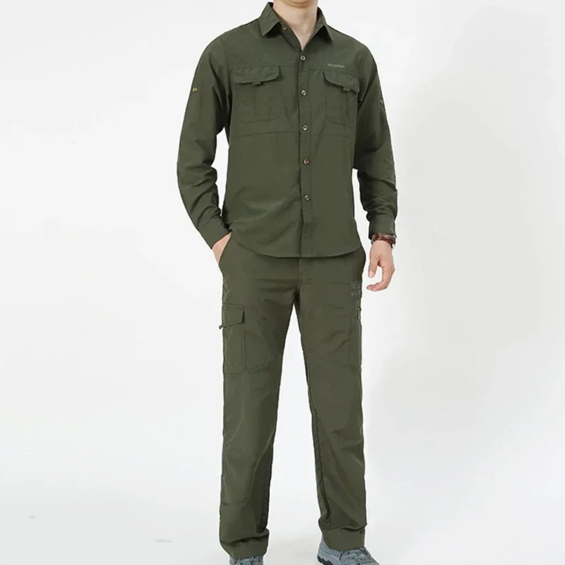 Summer Thin Quick Drying Work Suit Mens Single Breasted Comfortable Shirt+Pockets Cargo Pants Two-piece Set Breathable Workwear