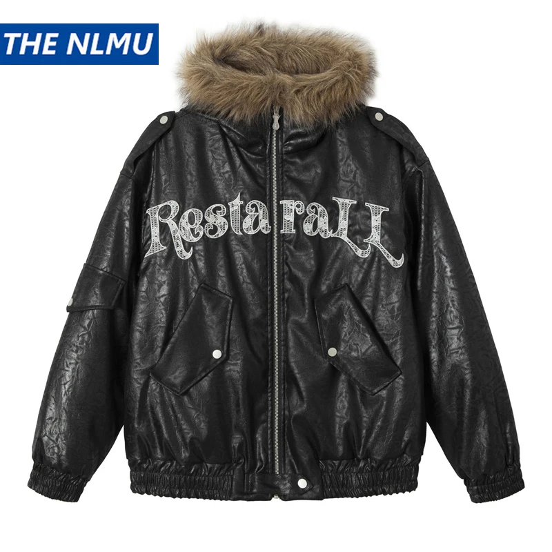 Vintage Pu Leather Jacket Fur Collar Thick Warm Parkas Jacket 2024 Winter Letter Embroidered Jacket Coats Hip Hop Streetwear