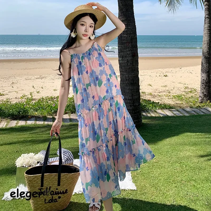 

2024 New Summer Chiffon Floral Vacation Beach Dress for Women Female Korean Mid-Calf Long Swinging Robe O-Neck Bohemian Style