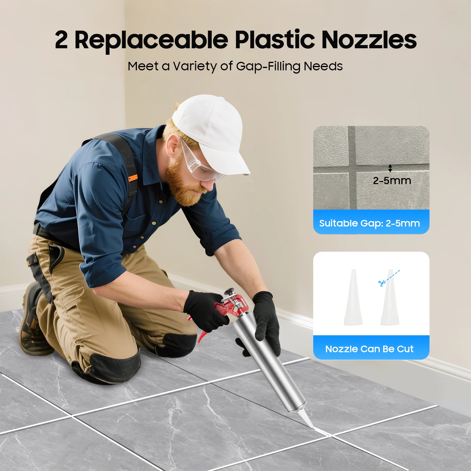 Cement Wall Sewing Gun Stainless Steel Grouting Tool 3 Interchangeable Nozzles for Effortless Tile Floor Wall Caulking Filler