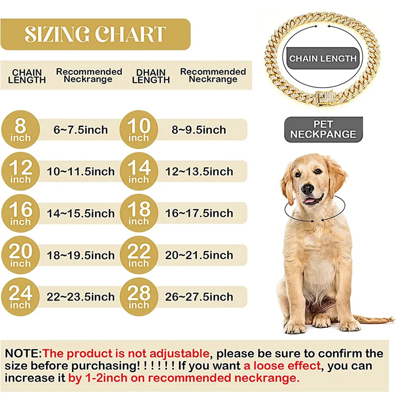 Luxury Gold Dog Chain Collar Cuban Chain Link Choke Collar for Small Medium Large Dogs Cats Pet Jewelry Necklace Accessories