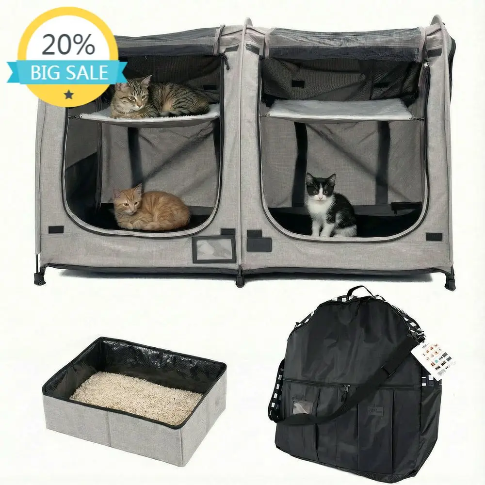 

Portable Double-Decker Cat Condo with Travel Crate, Hammocks, Mats, Collapsible Litter Box, and Water Bottle