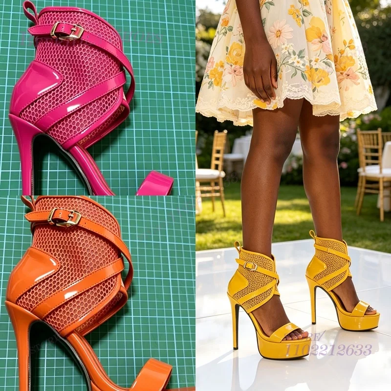 Sandalias Abiertas de Malla Iridiscente Amarilla Pura con Plataforma Fucsia y Tacones de Aguja, Zapatos Casuales Bonitos para Mujer con Hebilla en el Tobillo, Ideales para Verano