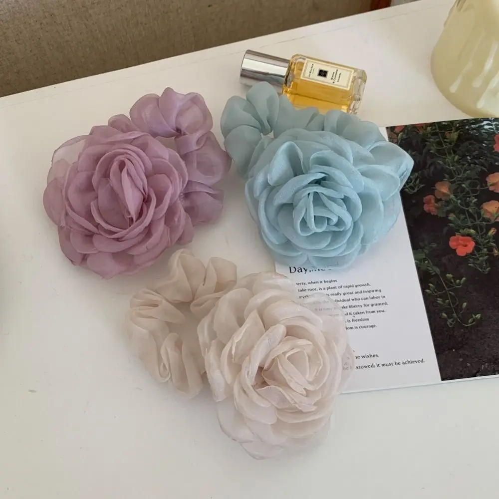 Hair Tie Mesh Flower Hair Band Ponytail Holder Hair Ring Elastic Hair Band Hair Accessories Camellia Flower Rose Hair Rope DIY