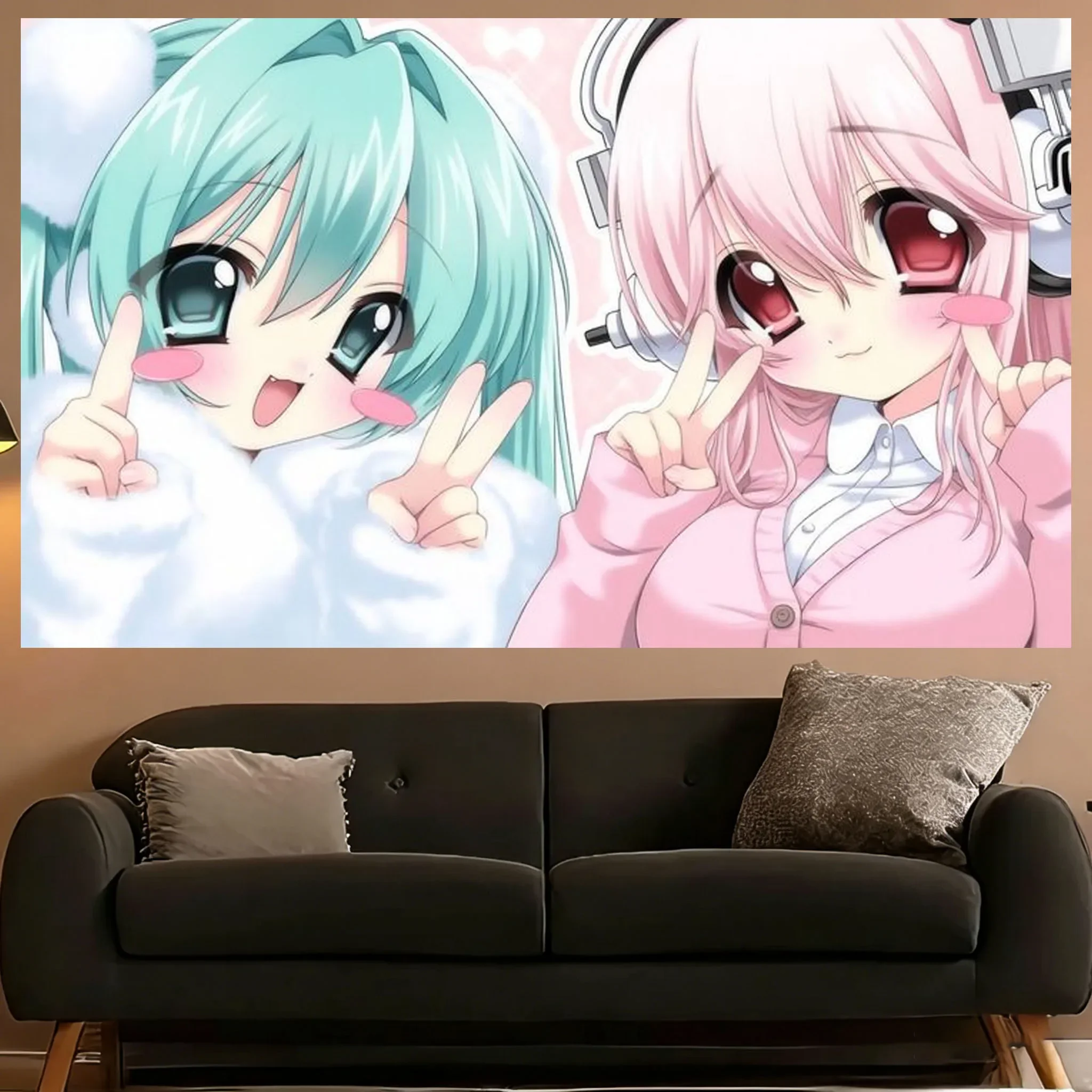 1pc Green&Pink Hair Anime Girls Tapestry Super Cute Two Girls Tapestry Bedroom Dorm Decor Room Stuff Gift & Anime Merchandise