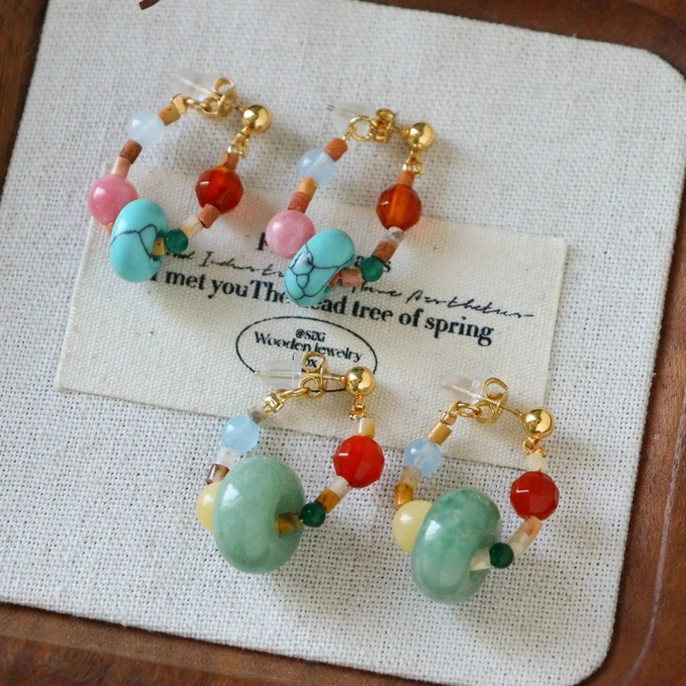 

New Arrival Retro Fashion Natural Stone Wheel Beaded Earrings Light Luxury High-end Versatile Hoop Earrings