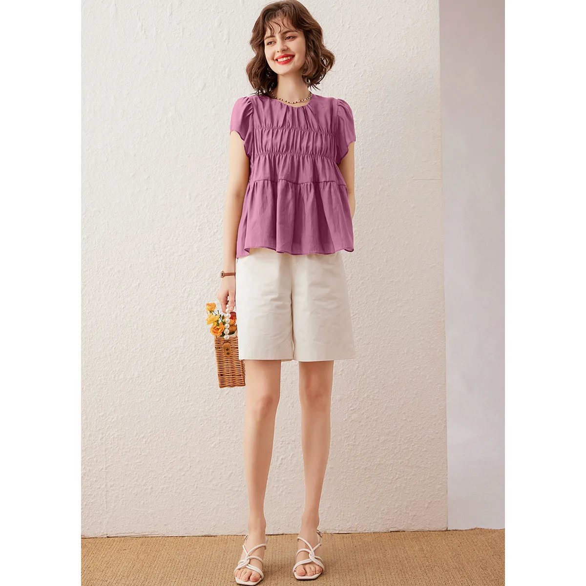 LOUIS YAO Women Shirt 2024 Summer Blouses Sweet Casual O Neck Short Sleeve Office Lady Pullover Top