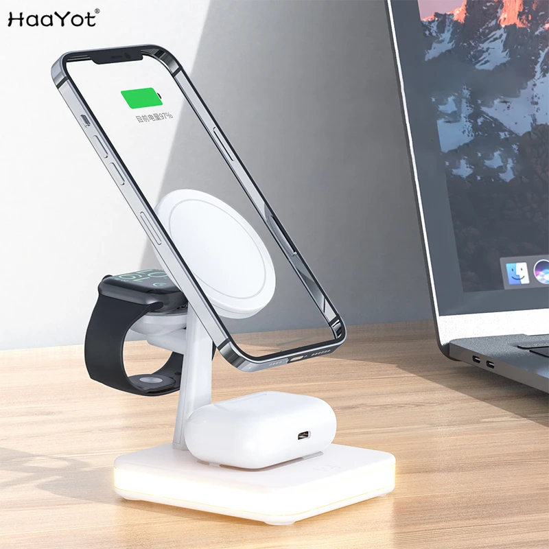 HAAYOT Magnetic Fast Wireless Charging Station 4 in 1 Mag-safe Charger Stand for iPhone 16/15/14/13 Watch Airpods Night Light