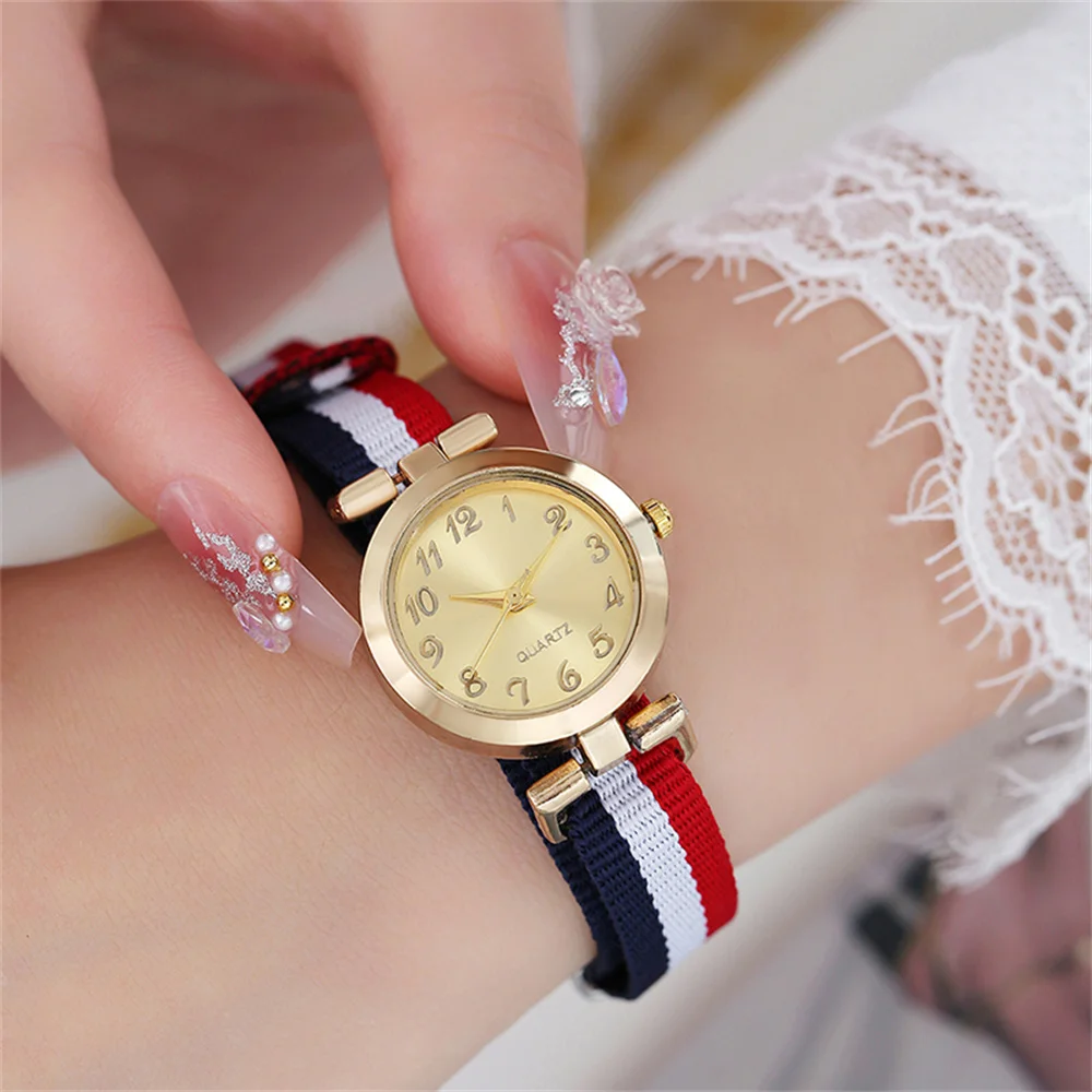 Fashion Women's Quartz Watch Striped Fabric Strap Gold Dial Casual Elegant Ladies Wristwatch for Daily Wear & Gift